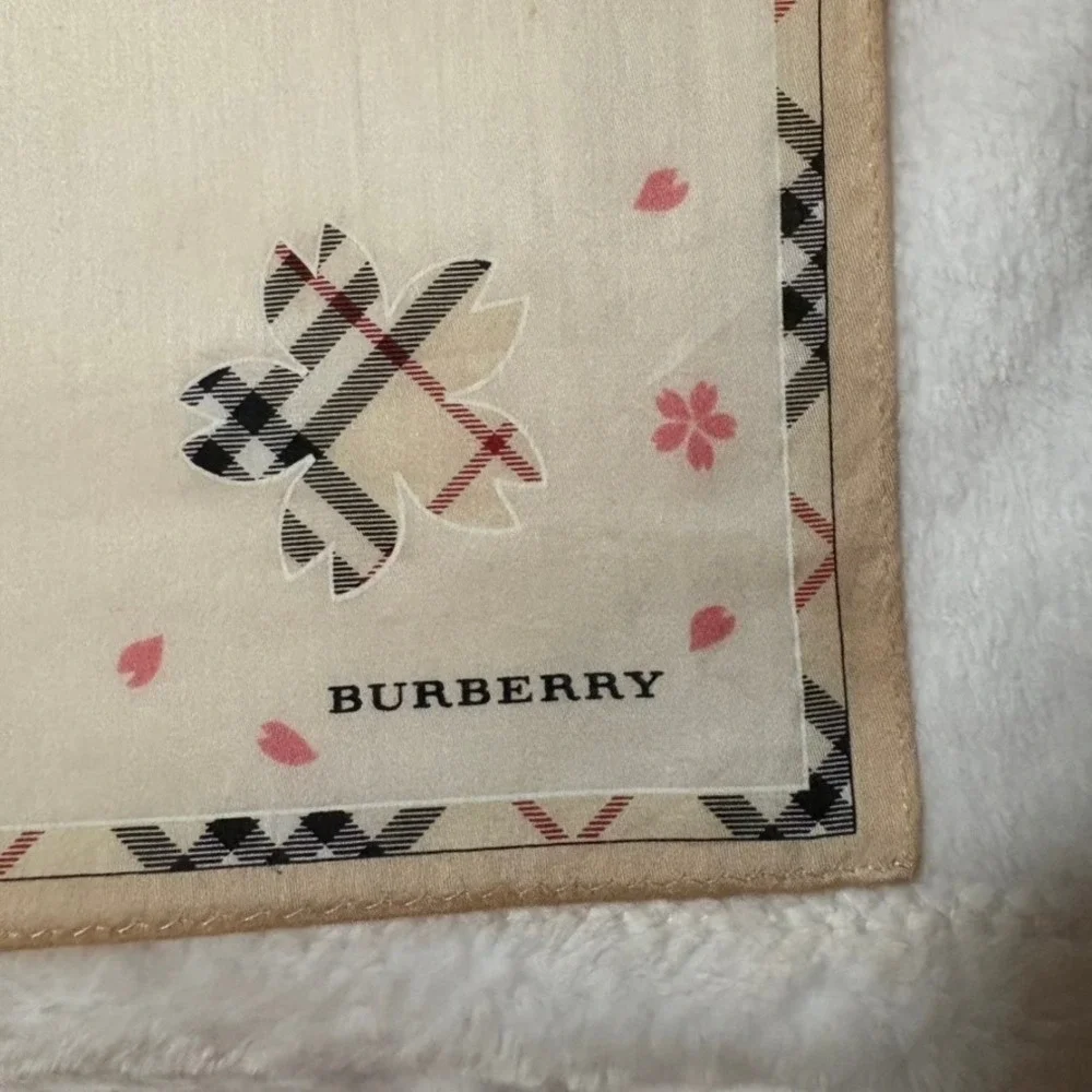 Vtg BURBERRY Scarf Handkerchief Cherry Blossom Cream 19.5